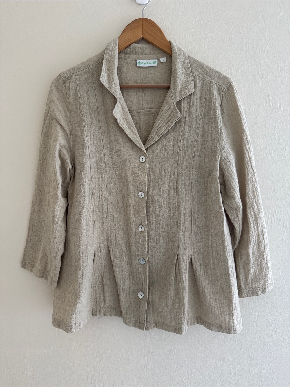 Lulu B Blouse Womens Large Oatmeal Tan Button Front Cotton Lagenlook